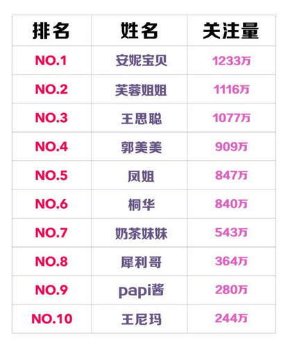 全国网红排名前十,全国最大网红